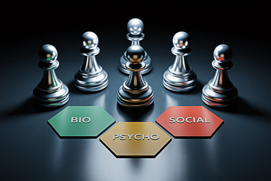 Chess pawns representing bio psycho social model for mental health and holistic wellbeing concept