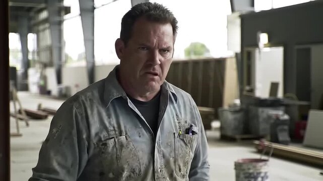 Frustrated construction worker with a serious expression in a workshop wearing a paint-stained shirt highlighting a hardworking laborer facing challenges in an 