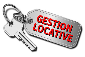 Silver key and keychain with red text gestion locative for property management