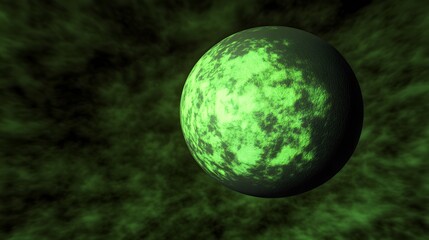 Glowing green planet in dark green cloudy space background, outer space concept