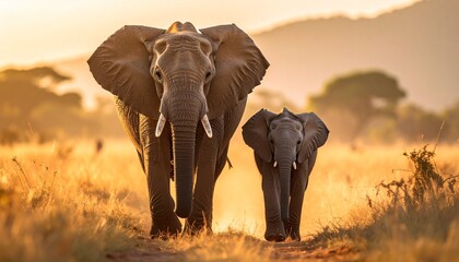 Fototapeta premium Majestic African elephants walking together at sunset, a serene scene of wildlife in golden light, perfect for conservation campaigns or travel brochures showcasing the beauty of nature