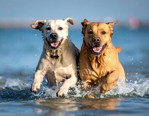 Two Happy Dogs Running in Water.