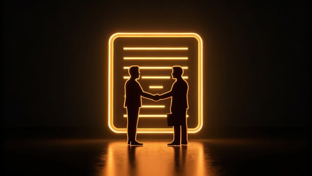 silhouettes decision meeting corporate making concept. Silhouettes of two businessmen shaking hands in neon light.