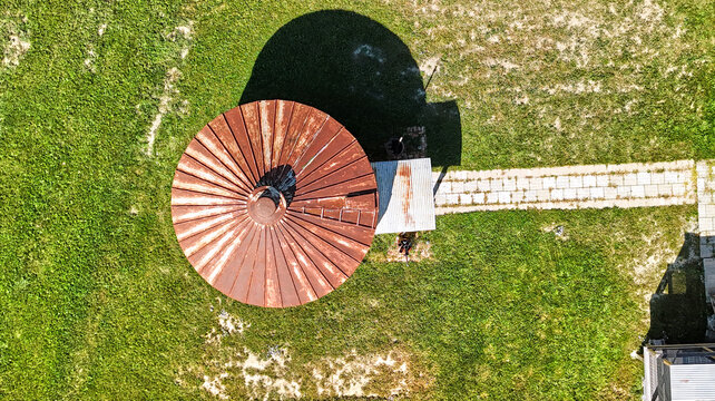 Aerial View of Rusty Farm Silo Roof
