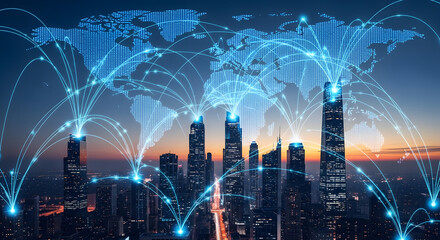 Global network connecting city skylines with world map overlay.
