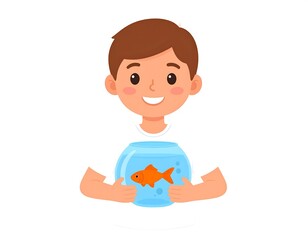 Smiling Boy Holding Fish Tank with Goldfish.