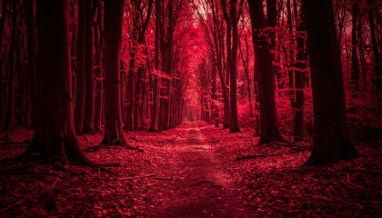 Atmospheric photo of a dark red forest, eerie lighting, and creepy surreal ambiance, evoking fantasy or horror vibes in a moody autumn landscape.