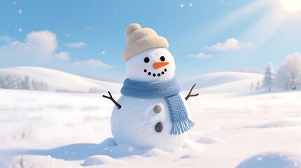 Obraz premium A Cheerful Snowman Stands Happily in a Bright Snowy Winter Landscape