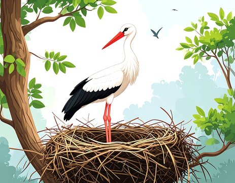 Stork in a nest among lush trees
