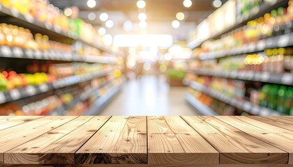 Fototapeta premium Grocery shelves with wood table