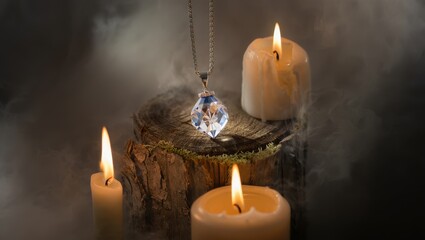 Mystical pendant glowing on a mossy stump surrounded by flickering candles and smoke