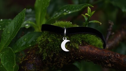 A delicate black velvet choker with a silver crescent moon charm rests on a mossy branch in a lush forest