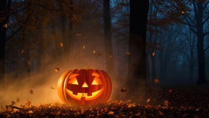 Spooky carved halloween pumpkin glowing in a foggy forest at night with falling leaves