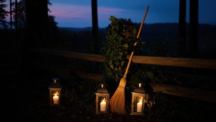 A rustic broom leans against a bush with three lanterns lit by candles at dusk in a forest setting
