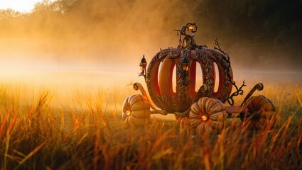 Magical pumpkin carriage in a misty field at sunrise, fantasy halloween theme
