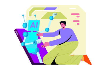 Person interacting with a cyan robot with AI on its screen