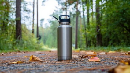 Reusable stainless steel water bottle with a black lid and handle, standing on a forest path in autumn
