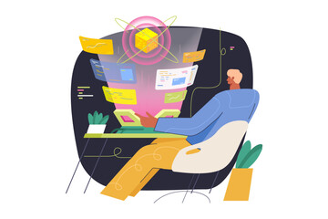 Person interacting with a holographic display showing data