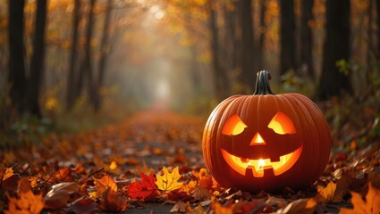 A carved halloween pumpkin with a glowing face sits on a path covered in autumn leaves, surrounded by a forest
