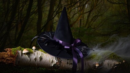 A black witch hat with a purple ribbon sits on a mossy log in a dark, misty forest
