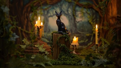 Mystical forest scene with a black cat statue surrounded by candles and lush greenery