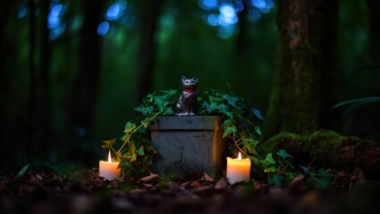A small owl figurine sits on a mossy stone with two candles lit in a dark forest at night