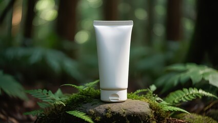 A white cosmetic tube sits on a mossy rock in a lush green forest, surrounded by ferns and trees