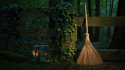 A rustic broom leans against an ivycovered wooden fence with lanterns casting a warm glow in the twilight forest