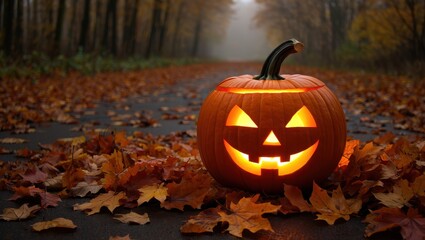 A glowing jackolantern sits on a leafcovered road in a misty forest, evoking a spooky halloween atmosphere