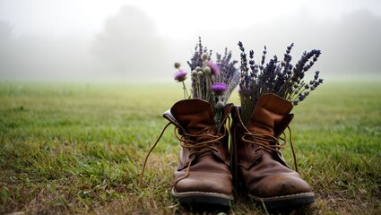 Rustic brown leather hiking boots filled with lavender and wildflowers on a misty grassy field