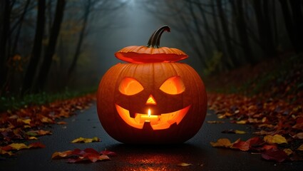 A carved halloween pumpkin with a candle inside sits on a wet road covered in autumn leaves, surrounded by a dark forest