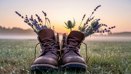 Pair of weathered hiking boots filled with lavender flowers on a misty grassy field at sunrise