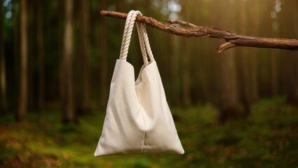 A reusable cloth bag hangs from a tree branch in a sunlit forest, symbolizing ecofriendly shopping and nature