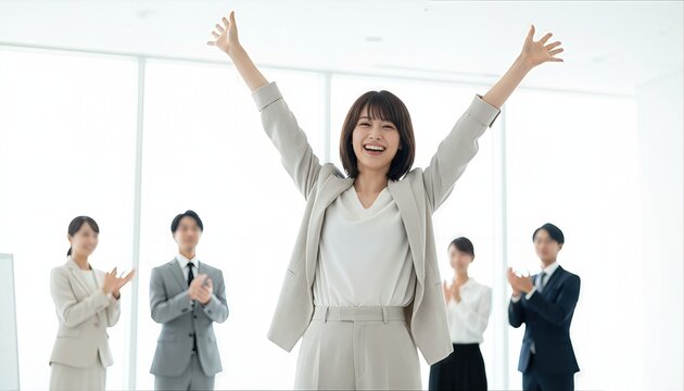 チームの祝福の中央で万歳する女性リーダー