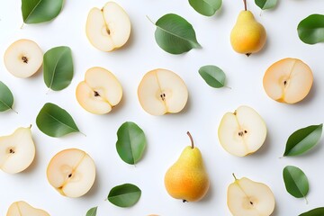 Fresh pear halves and whole fruit with leaves on white background