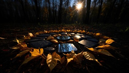 A circular arrangement of stones and autumn leaves in a dark forest with sunlight filtering through the trees