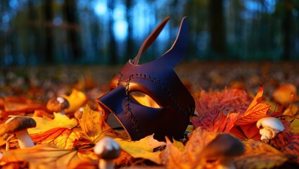 A mysterious dark mask rests on a bed of colorful autumn leaves, surrounded by mushrooms, evoking a sense of fantasy and the fall season