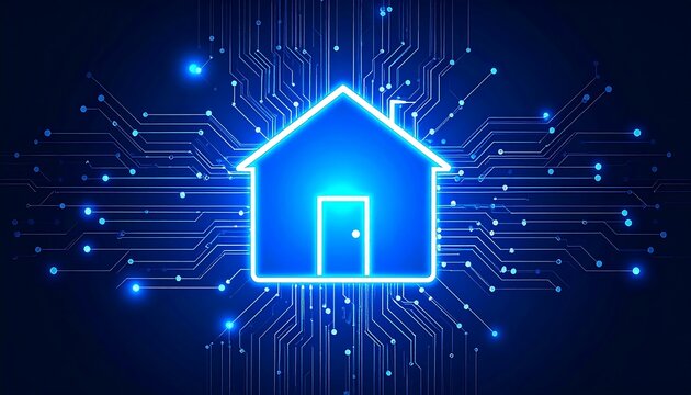 Glowing blue house icon amid neon circuitry light