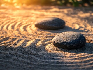 Serene Zen Garden Stones in Sand at Sunset, Peaceful Meditation Scene