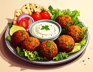 Delicious Falafel Platter with Pita Bread and Salad.
