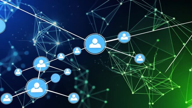 Abstract digital network illustration showcasing interconnected user profiles and data flow - Powered by Adobe