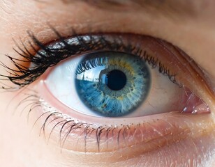 Close-up macro shot of a beautiful blue eye with long eyelashes