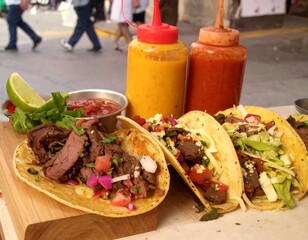Street food tacos with assorted sauces