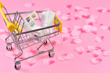 カートと家具や家電のミニチュアで新生活のイメージ