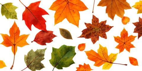 Fototapeta premium Assorted Autumn Leaves In Vibrant Colors Including Red Orange Yellow And Green Scattered On A Transparent Background