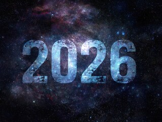 Text "2026" overlaid on a colorful nebula background of stars and cosmic dust