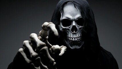 A menacing figure wearing a scary skull mask reaches out with bony fingers in a dramatically lit studio shot against a dark gray background, creating a spooky and chilling atmosphere with monochrome