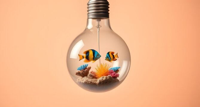  creative and surreal image featuring a glass light bulb repurposed as a miniature aquarium, complete with two colorful tropical fish, coral, and sand. 