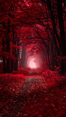 Atmospheric photo of a dark red forest, eerie lighting, and creepy surreal ambiance, evoking fantasy or horror vibes in a moody autumn landscape.