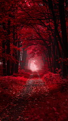 Atmospheric photo of a dark red forest, eerie lighting, and creepy surreal ambiance, evoking fantasy or horror vibes in a moody autumn landscape.